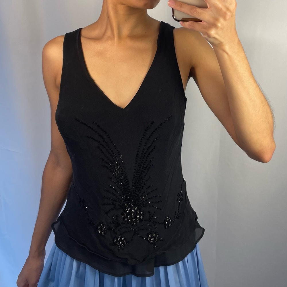 Black silk layered beaded blouse